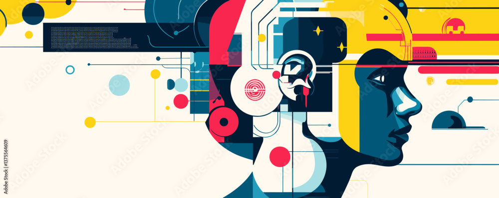 Poster futuristic abstract human profile with technological elements in bold colors vector.