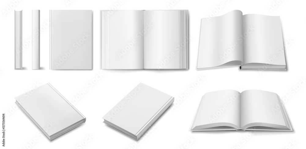 Aufkleber Realistic open and closed books with empty pages, side and front views. Vector reading publications and encyclopedias. Studying and education process. Volume with recipes for cooking, personal diary