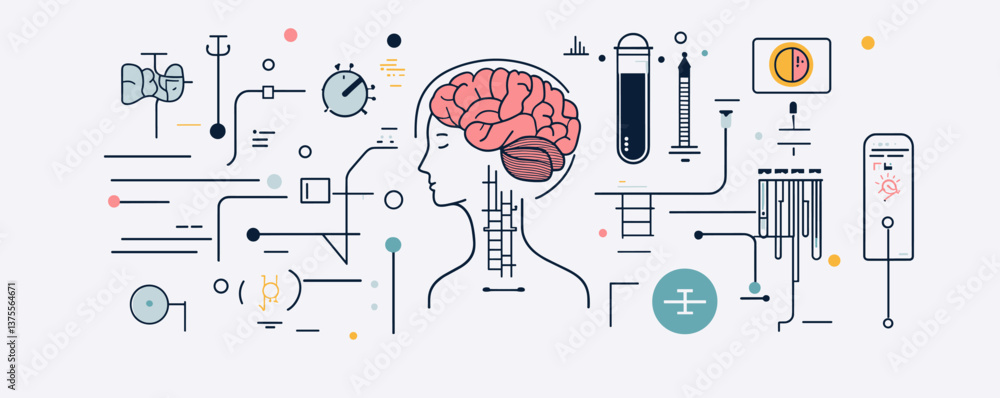 Poster abstract human brain and science elements in side profile - vector.