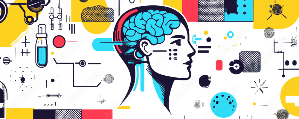 Aufkleber abstract futuristic human head with brain and tech elements on colorful geometric background - vecto