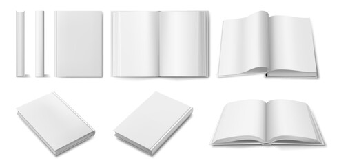 Realistic open and closed books with empty pages, side and front views. Vector reading publications and encyclopedias. Studying and education process. Volume with recipes for cooking, personal diary