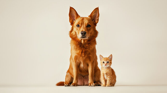 white background, one big orange dog and one little orange cat, sitting and looking on camera 