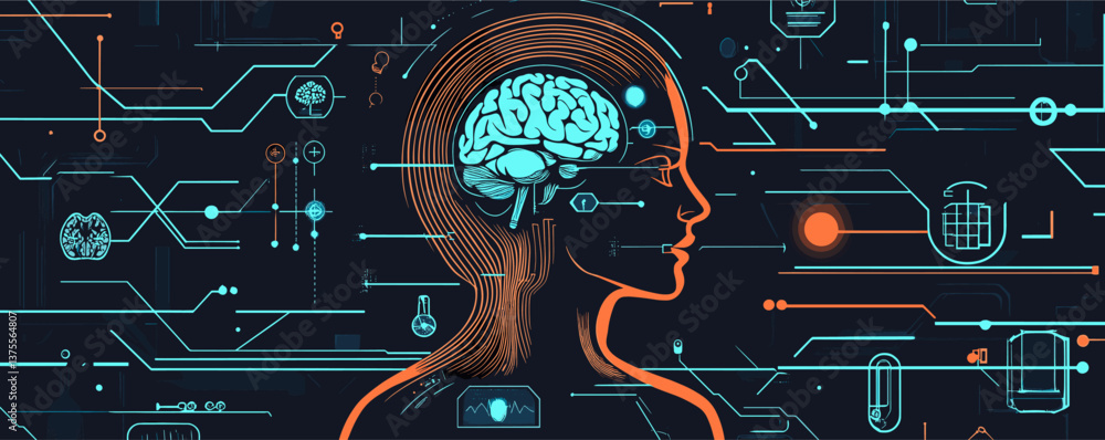 Poster futuristic human brain in profile with tech elements and data lines - vector.