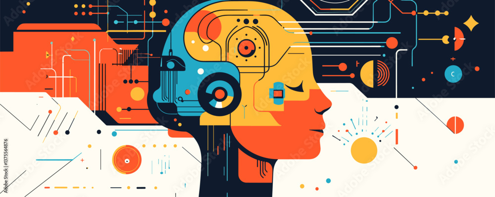 Poster futuristic digital mindset with abstract circuitry and human head elements - vector.