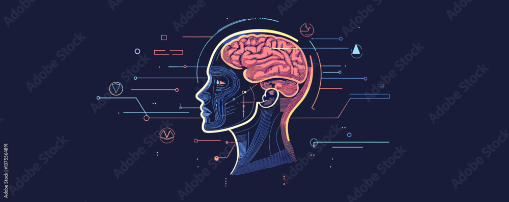 Poster neon anatomical side view of human head with brain and circuit elements - vector.
