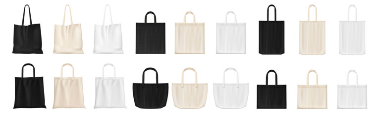 Canvas bags collection, isolated mockups of fabric totes. Vector cloth totebags with handles. Cotton eco handbags templates. Reusable carryall for shopping. Blank mock for shopper. Ecobag for grocery