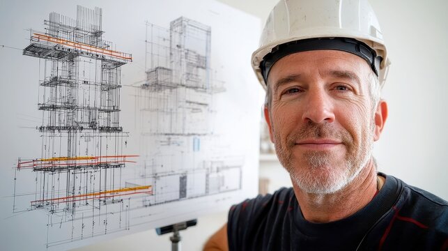 Construction contractor examines kitchen design, left side features wireframe drawing, right side showcases hardwood floors and granite surfaces, clean white space enhances branding potential