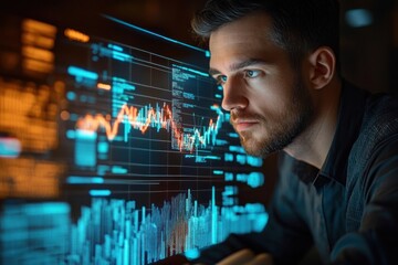 Analyst Reviewing Financial Data in High-Tech Office with Holographic Charts and Graphs