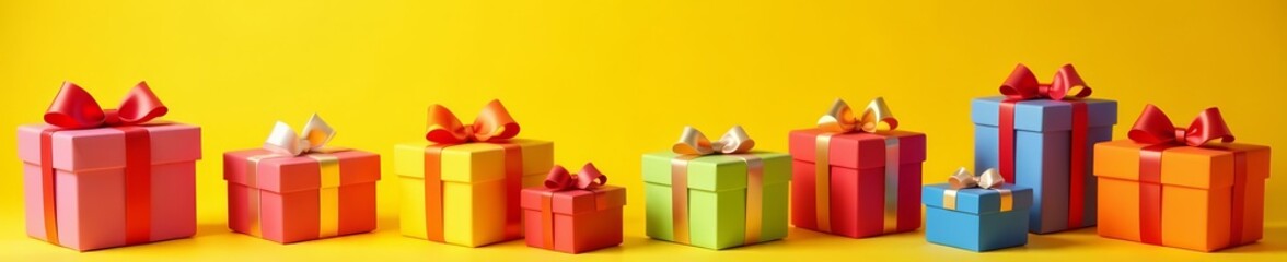 Obraz premium Assorted vibrant gift boxes on yellow backdrop for special occasions, backdrop, present, celebration