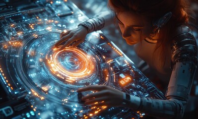 Futuristic Technology Collaboration Cyberpunk Scene with Holographic Elements and Modern Interfaces