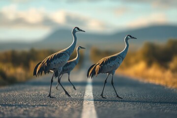 Obraz premium Common cranes walking on a scenic road surrounded by nature during golden hour light, Common crane Grus grus Birds are walking along the road
