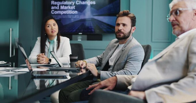 Meeting, planning and team of business people in office with regulatory changes and market competition. Discussion, futuristic and finance managers with new compliance for investment forecasting.