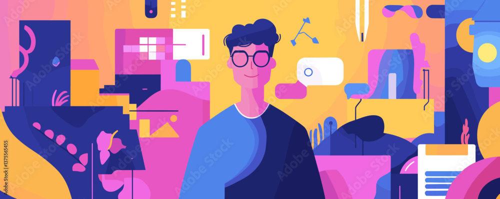 Poster vibrant abstract art of a smiling person surrounded by technology and creativity elements – vector.