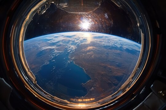 View of Earth from the perspective of an astronaut during sunrise in low Earth orbit, POV First person view of Earth through the astronaut helmet during the spacewalk