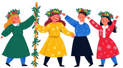 Fototapeta premium Celebrating swedish midsummer festival with joyful dancing in traditional costumes outdoor gathering cultural event
