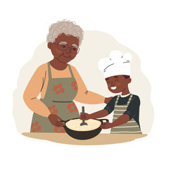 Flat vector illustration depicting a dark-skinned grandmother lovingly teaching her grandson how to cook in the kitchen
