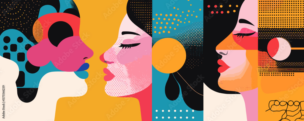 Poster abstract pop art faces with bold colors and patterns - vector.