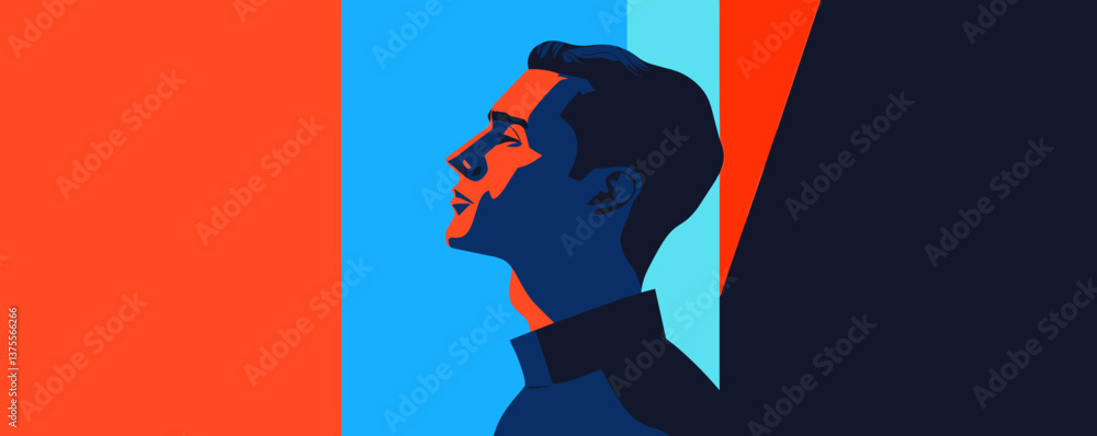 Poster bold colorful side profile of man with dramatic shadows in modern art style - vector.