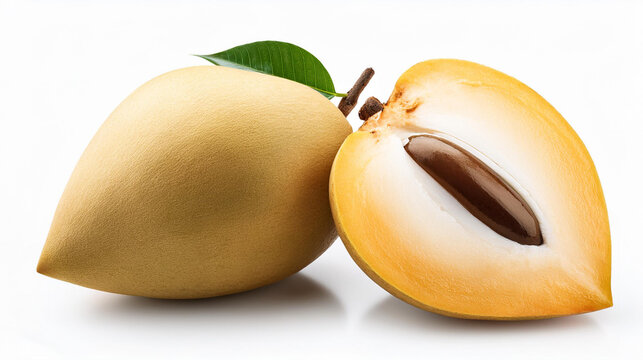 Whole and halved tropical yellow Canistel fruit isolated on white