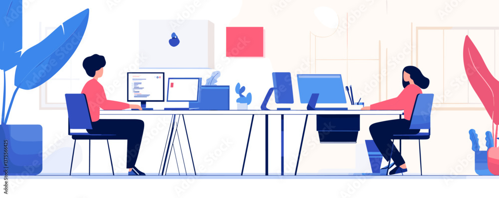 Poster modern office workspace with two employees working at desks and computers - vector.
