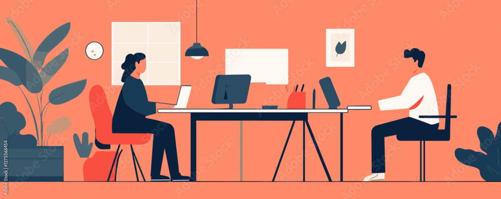 Aufkleber modern office workspace with two people working on computers in minimalist design - vector.