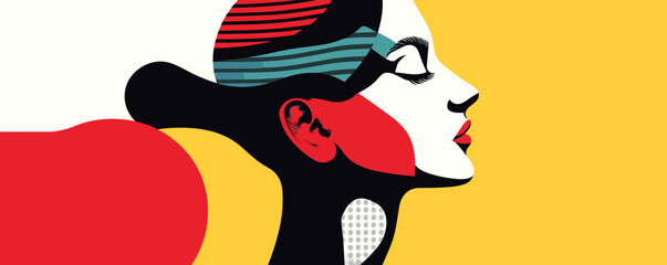 Abstract pop art portrait of woman with vibrant colors and bold shapes, side profile - vector.