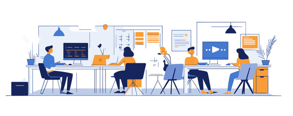 Office team collaborating in modern workspace with computers and laptops - vector.