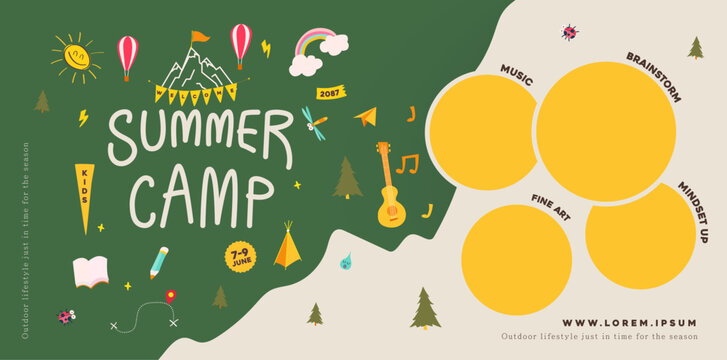 Summer camp for kids poster banner nature background with Summer camp adventure activities set