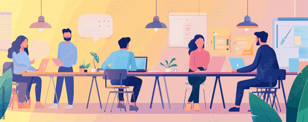 Poster modern office workspace with diverse team working collaboratively on laptops - vector.