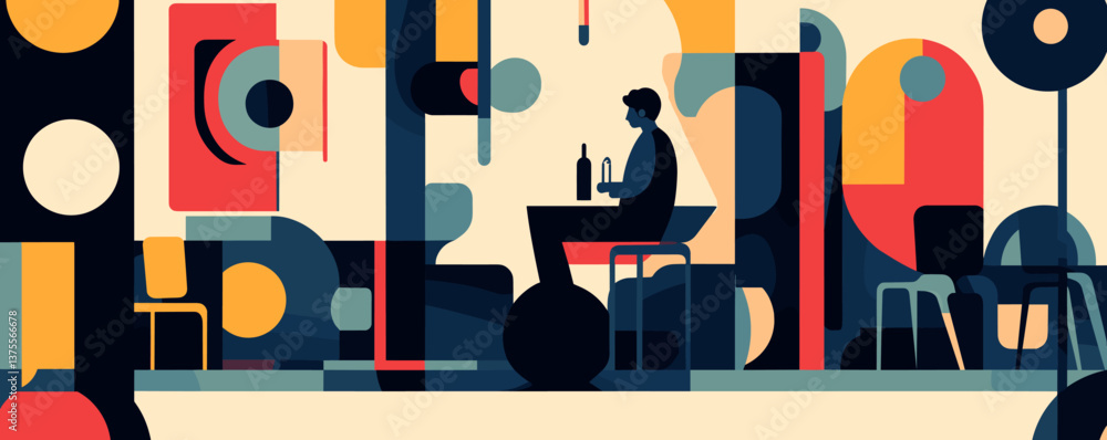 Poster abstract geometric bar scene with seated figure and colorful shapes - vector.