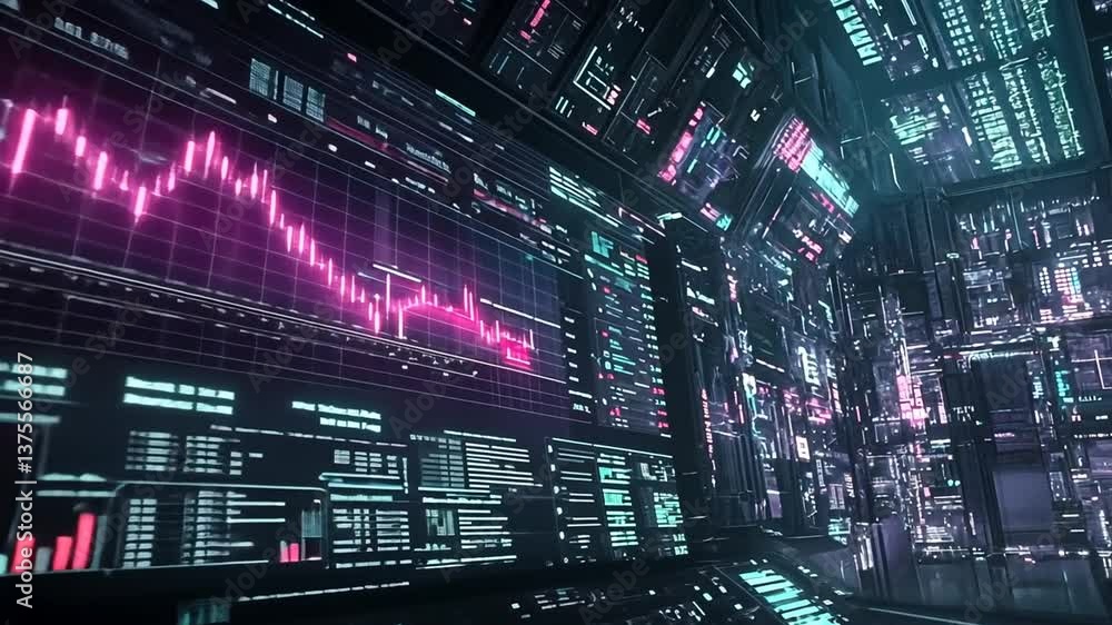 Poster futuristic stock market analysis interface with glowing charts and data visualization