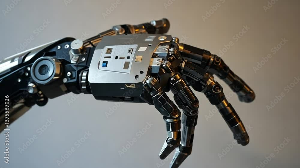 Poster advanced robotic hand showcasing intricate design and mechanical engineering innovation