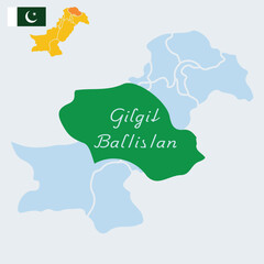 High-quality flat vector illustration showing the map of Pakistan with the Gilgit-Baltistan region highlighted and the national flag of Pakistan. The clean, modern, and editable design is perfect for 