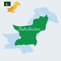 Flat vector illustration of Pakistan map with Balochistan province highlighted and the national flag of Pakistan. The design is simple, modern, and editable &mdash; ideal for educational use, infographics, 