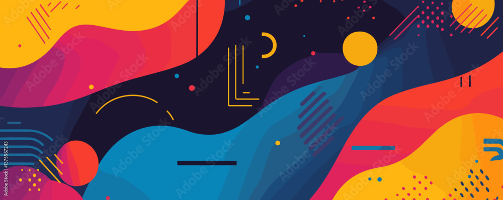 Aufkleber abstract colorful geometric shapes with fluid waves on dark background - vector.