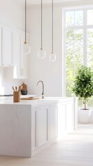 Contractor's Vision, A split scene showcasing a contractor examining blueprints with a sketched kitchen on one side and a fully detailed vibrant kitchen on the other, warm background lighting