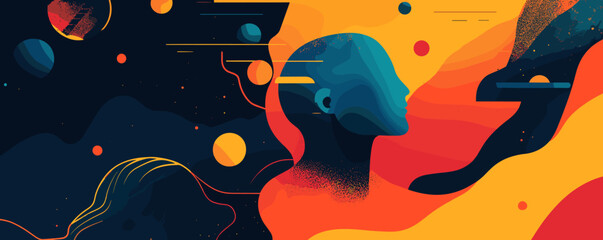 Abstract cosmic journey with silhouette and vibrant colors, space exploration vector.