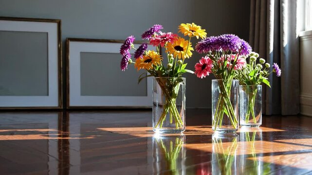 Sunlit Floral Arrangement: Vibrant Blooms in Glass Vases on Polished Wooden Floor