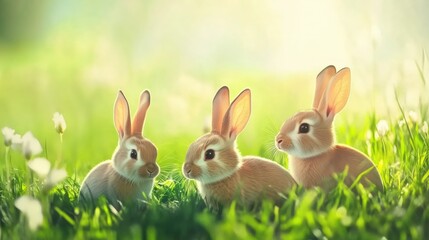 Obraz premium Three rabbits are sitting in a grassy field. Easter