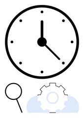 Clock face, gear, and magnifying glass emphasizing time analysis, productivity, workflow, efficiency, precision, optimization. Ideal for business management planning performance strategy