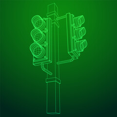 Traffic light with three lights. Wireframe low poly mesh vector illustration.