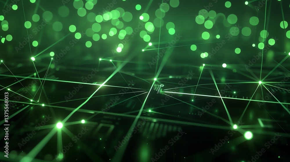 Poster glowing green circuit board with bokeh lights in the background.