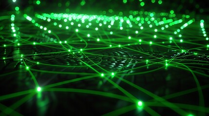 Glowing green network connections over a dark background.