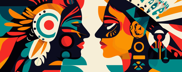 Colorful tribal faces in profile with abstract geometric patterns - vector.