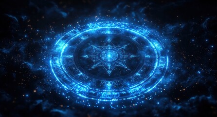 Zodiac Wheel in Space with Astrology Symbols and Star Particles in Neon Blue Aesthetic