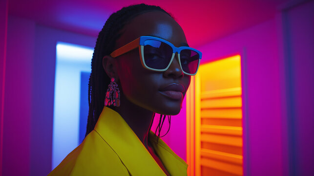 Woman with Sunglasses and Yellow Jacket in Neon Colored Light.