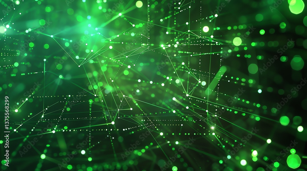 Poster abstract background with plexus effect. green glowing dots and lines. 3d rendering.