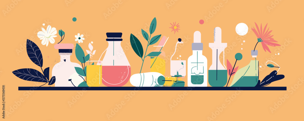 Poster Assorted bottles and plants on shelf with natural decor elements – vector.
