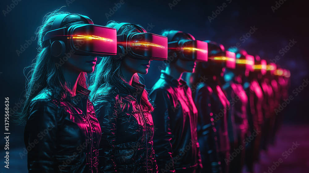 Poster diverse professionals connect in a vibrant virtual reality networking event within a sleek metaverse