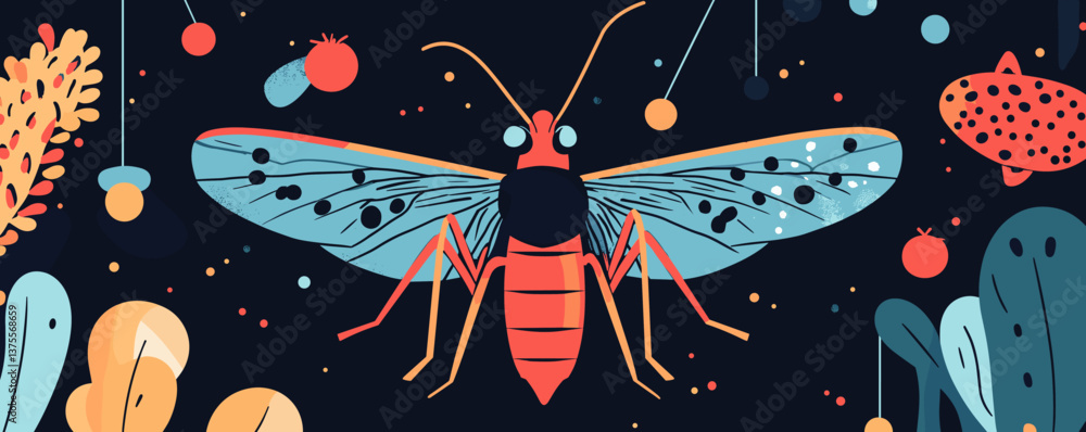 Poster colorful moth in abstract nature setting with botanical elements - vector.